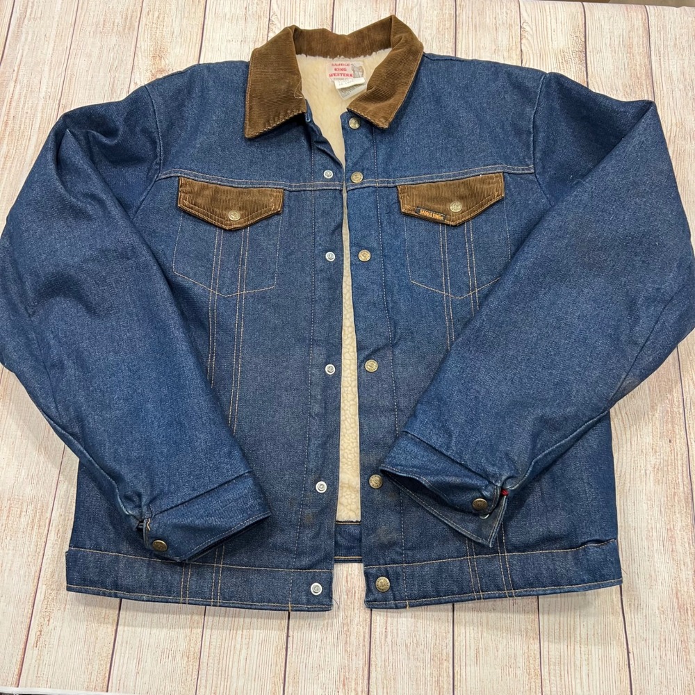 Saddle King Vintage Western Mens Sherpa‎ Lined Denim Trucker Jacket  44 Long